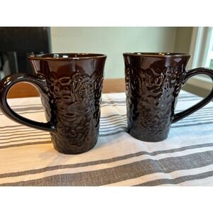 Kahlua Coffee Liqueur Mugs Set of 2 Dark Brown Embossed Coffee Bean Ceramic Tall